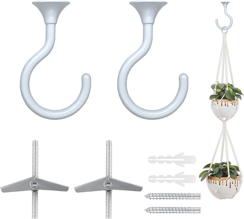Evsteluo 2 Sets Large Swag Ceiling Hooks 2.4 inch Heavy Duty Metal Ceiling Hooks for Hanging Plants and Lights, Fit for Wood, Concrete and Drywall Ceilings (White) - Image 1